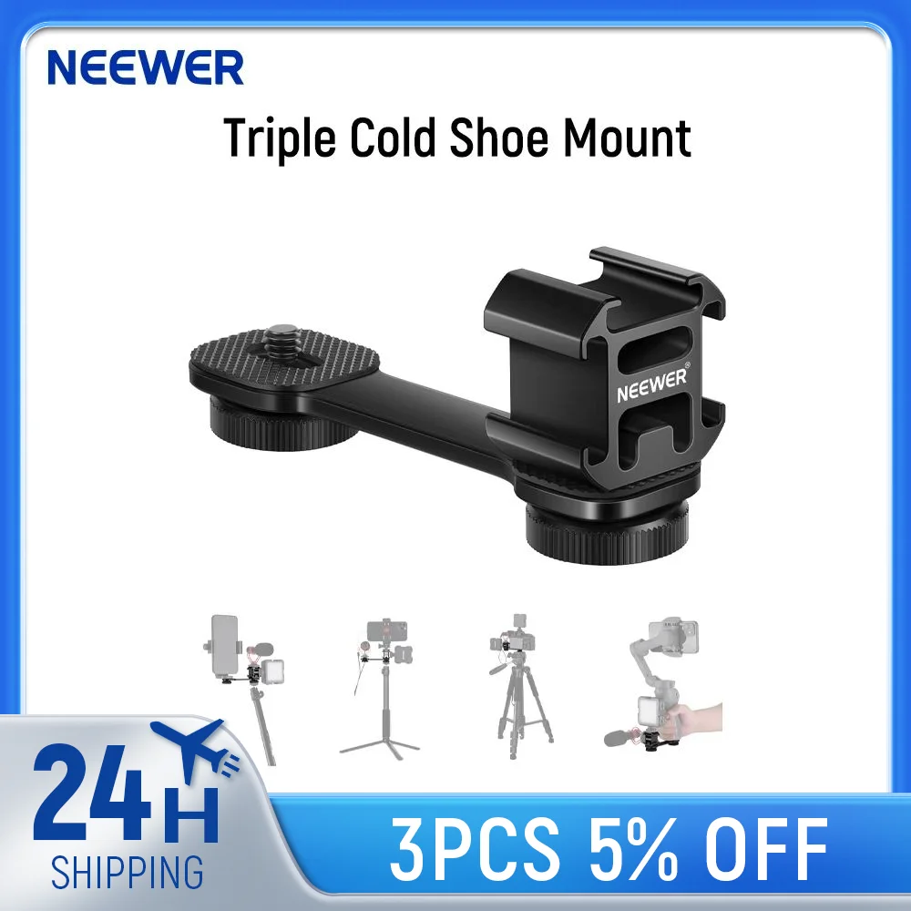 NEEWER Triple Cold Shoe Mount with Gimbal Microphone Mount Extension Bar & 1/4