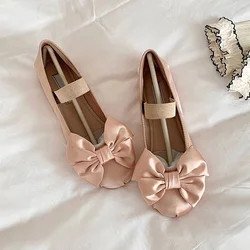 Elegant Woman Shoes with Low Heels Mary Janes Bow Tie Satin Ballet Flats Pumps Round Toe  Ladies Shoes Women Summer 2023 New In