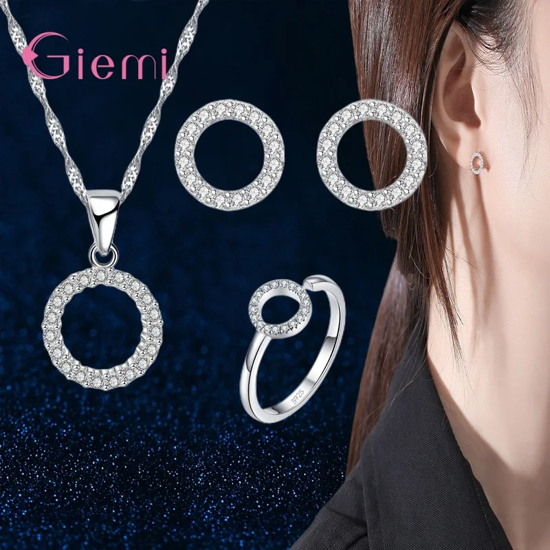 925 Sterling Silver Trendy Round Crystal Necklace Earrings Rings Bridal Jewelry Sets For Women Girls Wedding Fashion Jewelry