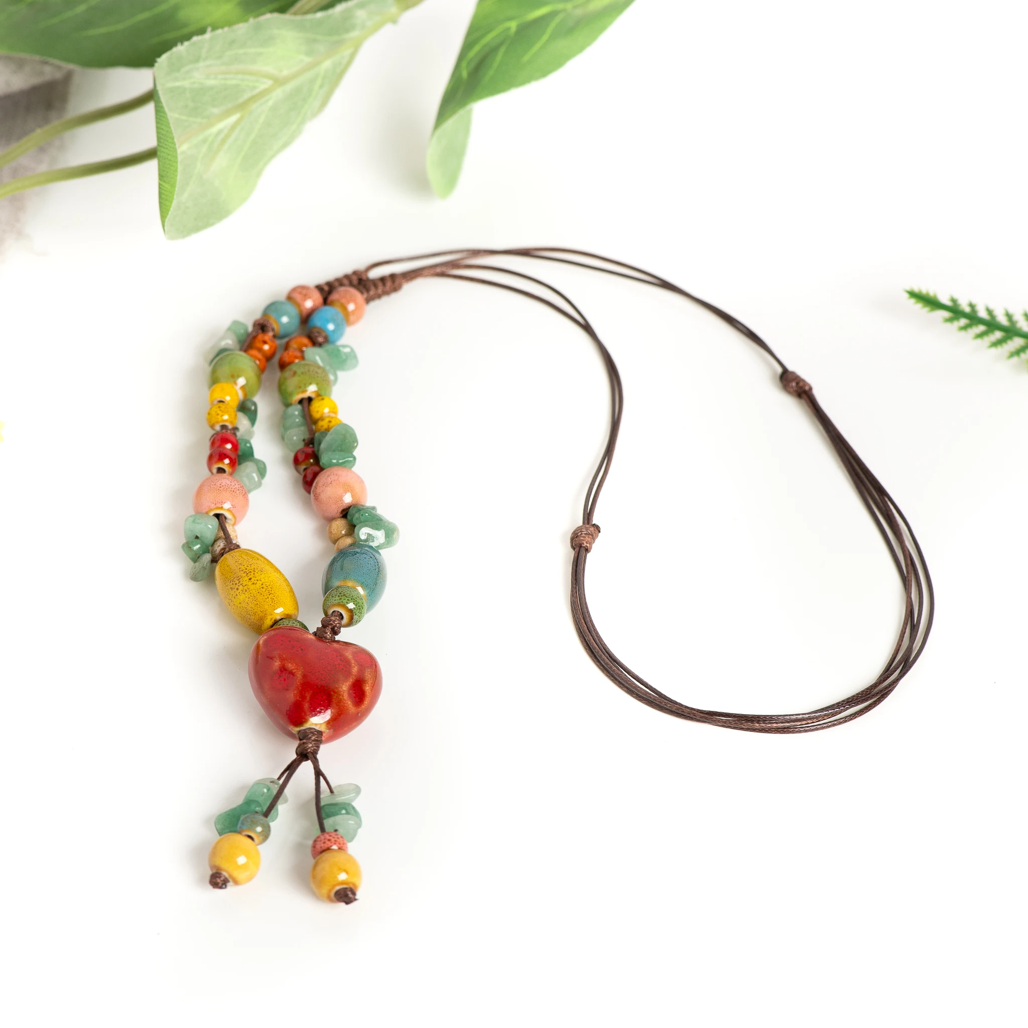 Vintage Heart Ceramic Necklace for Women Adjustable Handmade Boho Style Sweet Long Pendant Jewelry