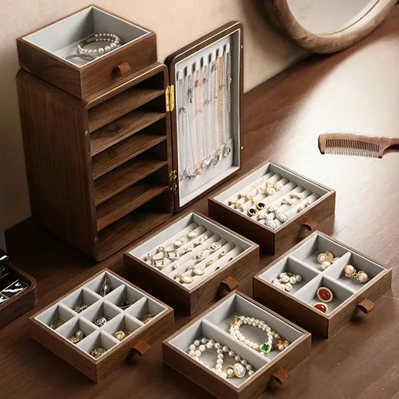 New Arrivals Walnut Wood Jewelry Box Earrings Necklace Bracelet Large Capacity Storage Bins Magnetic Suction Door Brass Handle