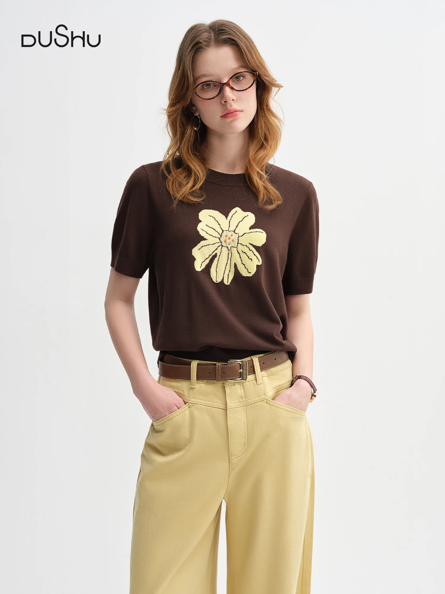

​DUSHU Autumn 2025 Floral Knit Top - Short Sleeve Casual Blouse Women's Daily Wear Soft Patterned T-Shirt​