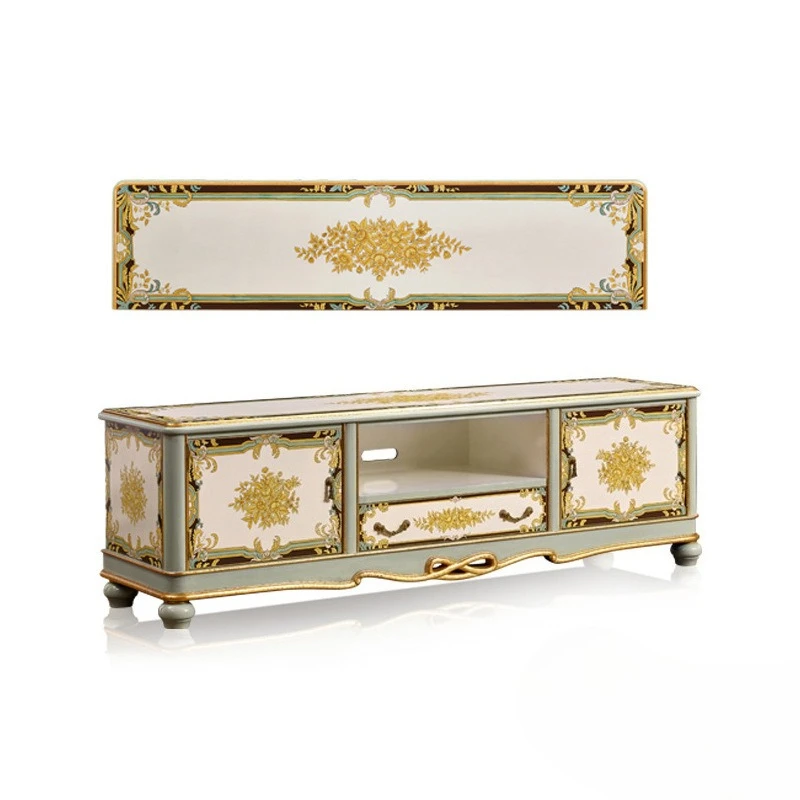 

French court mahogany carving hand-painted contrasting color TV cabinet villa floor cabinet storage cabinet furniture
