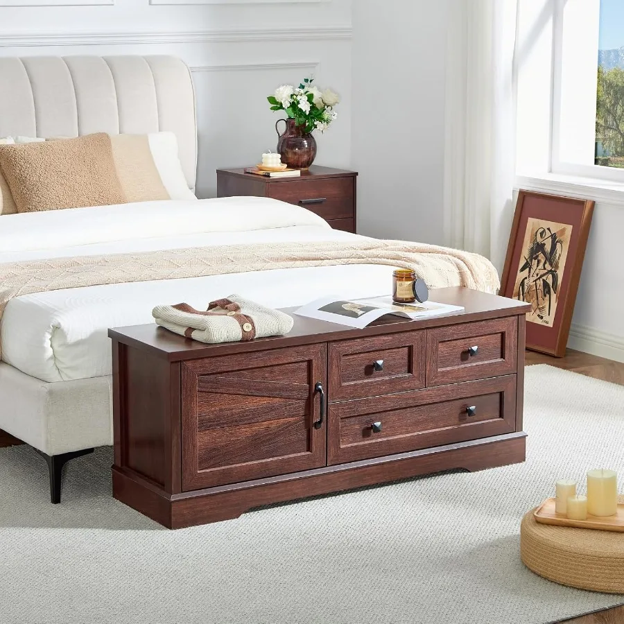 

48-дюймовая скамейка из вишневого дерева на конце кровати, скамейка для хранения в фермерском доме с ящиками и шкафом, скамейка для хранения обуви в деревенском стиле для Entrywa