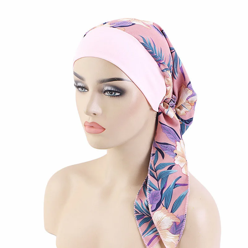 Pre-Tied Muslim Women Print Cancer Hijab Chemo Cap Turban Bonnet Hair Loss Hat Sleep Night Islamic Arab Stretch Head Wrap Covers
