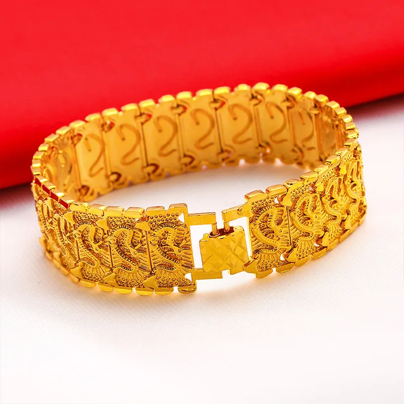 Men's 24K Gold (AU999) Overbearing Long Dragon Watch Chain | Gold-inlaid dragon eyes, hammered dragon bone with adjustable clasp