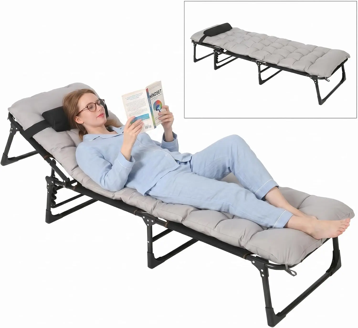 Heavy-Duty Collapsible Camping Cot for Adults with Thick Padded Mattress & 4-Leg Steel Frame, 400 lb Capacity, Portable Outdoor Sleeping Bed with Carry Bag, 170 cm, Gray