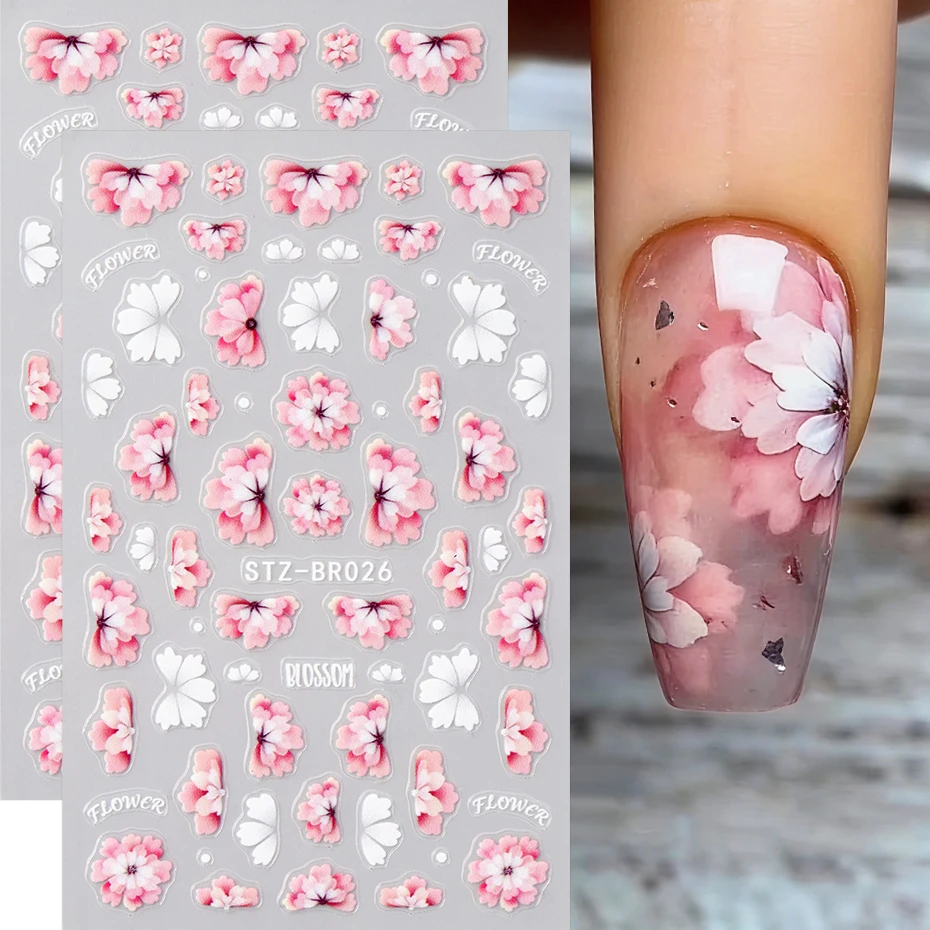 2 Stück Rosa Blühende Blumen Nagelaufkleber Weiße Blütenblätter Nagelschieber-Abziehbilder Hochzeit Frühling Sommer Nagelkunst-Dekorationen Maniküre