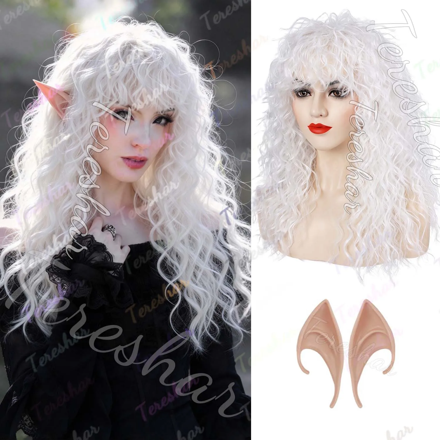 Synthetic White Long Curly Elf Wig+Elf Ears, Multi Colored Wavy Wig with Bangs for Women, Anime Wig for Cosplay Halloween Party