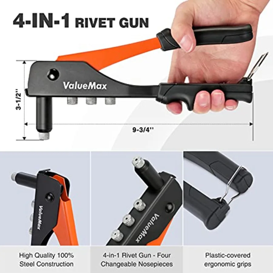 4in1 Hand Riveter Rivet Gun Pop Rivet Tool Kit with 200 Rivets in 3 32inch 1 8inch 5 32inch 3 16inch Sizes and 4 Interchangeabl