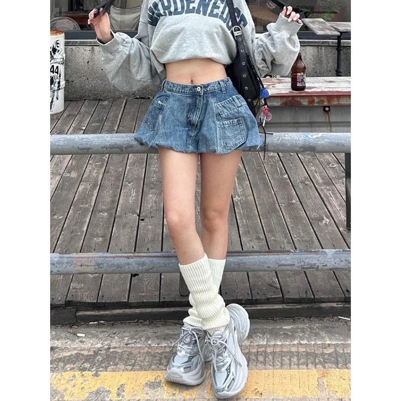Mini jupe en jean bleu pour femmes, esthétique Harajuku japonais, taille basse, Gyaru américain rétro, Design de rue, Kpop Y2k, années 2000