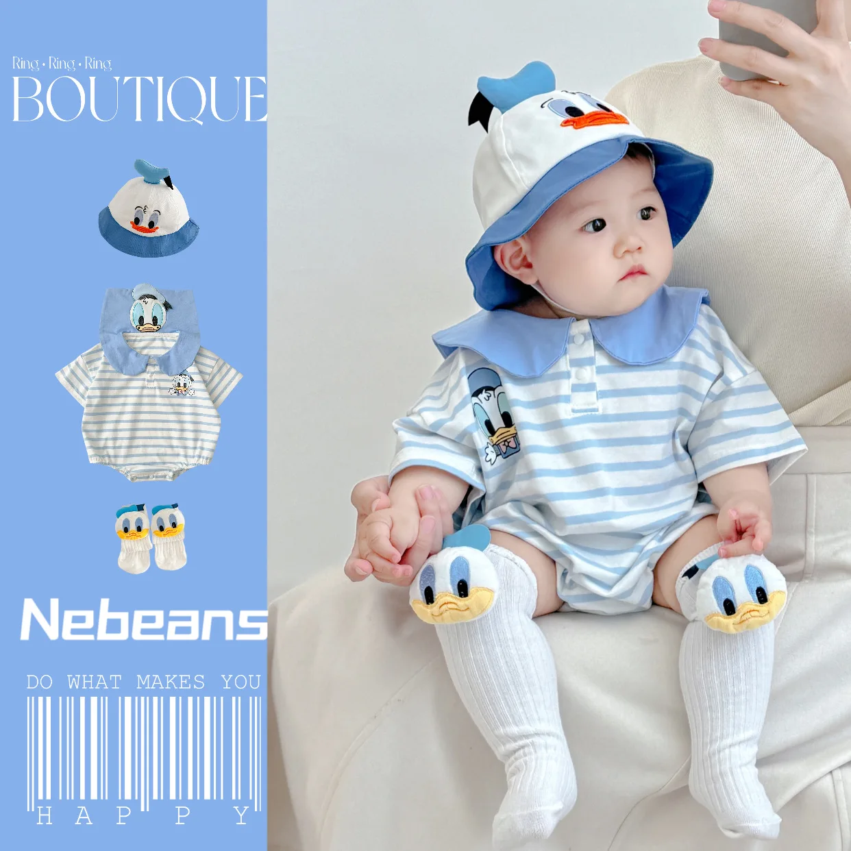 

Disney Donald Duck Daisy Rompers Cartoon Triangle Butt-suit for Boys and Girls Striped Yarn-dyed Navy Collar Crawl Suit