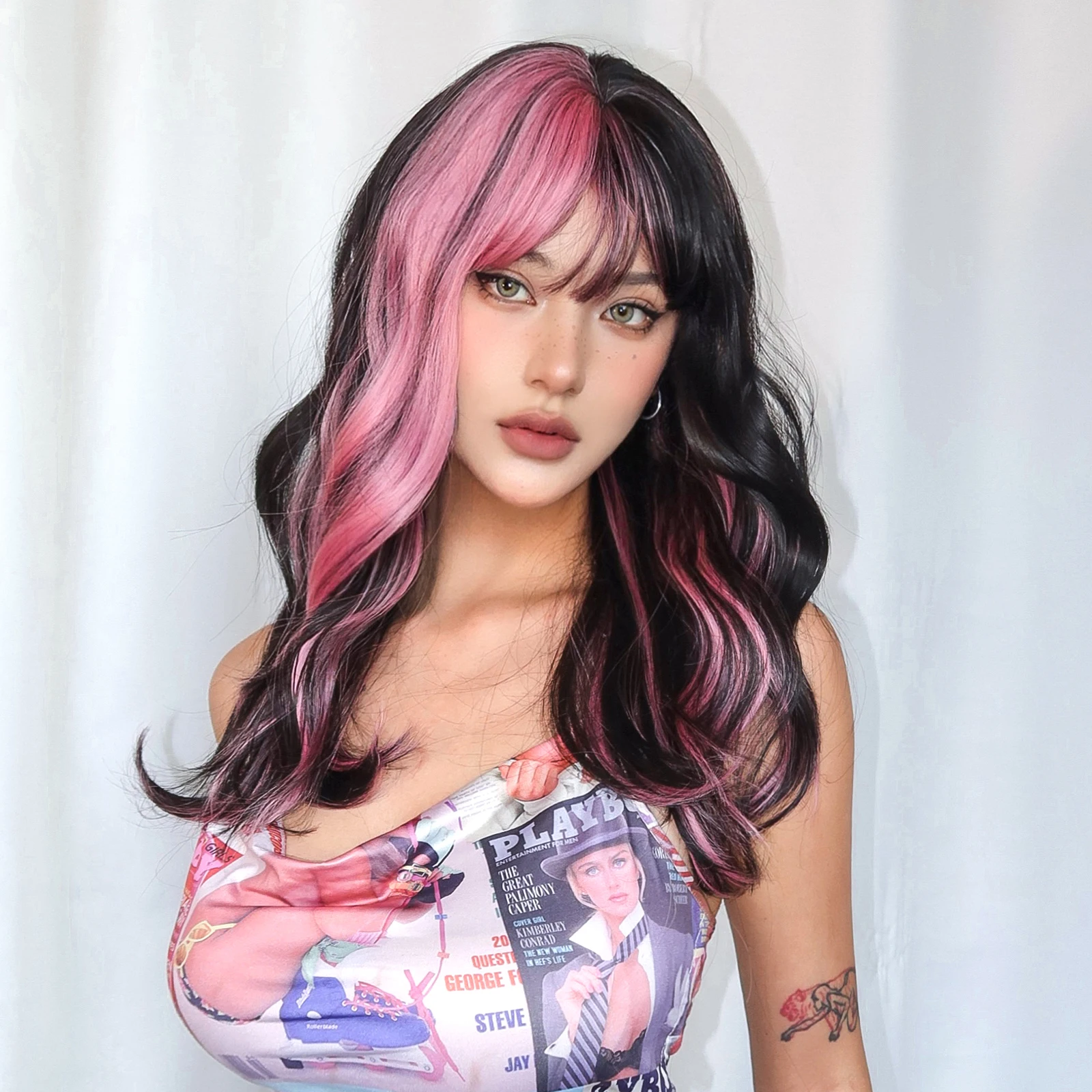 HENRY MARGU Mixed Black Pink Synthetic Wigs Long Natural Wavy Wigs with Bangs Pink Highlight Hair Party Use Heat Resistant Fiber