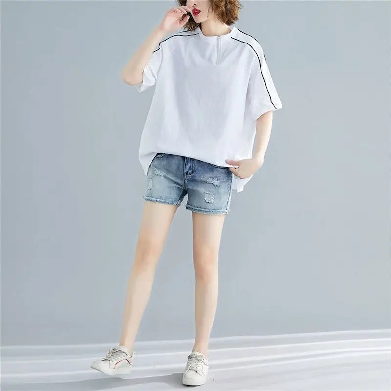 Oversized T Shirt Women Summer Sports Casual Zipper T-shirt Loose Short-sleeved Bottoming Shirt Fashion Cover Belly Top 2024 New