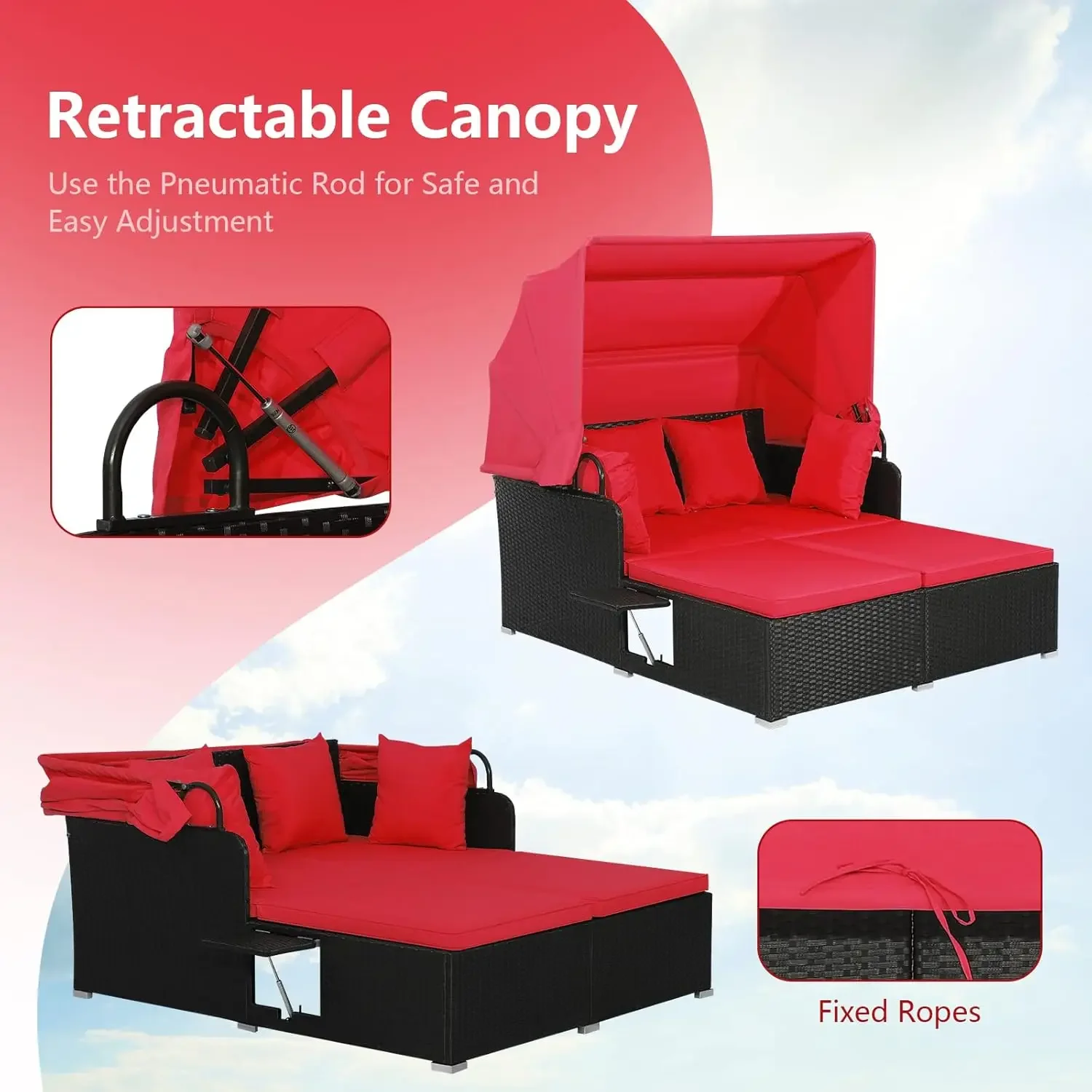 Outdoor Hand-Woven PE Wicker Daybed Patio Loveseat Sofa Set with Retractable Canopy & 2 Side Tables, Outdoor Sun Lounger image 6