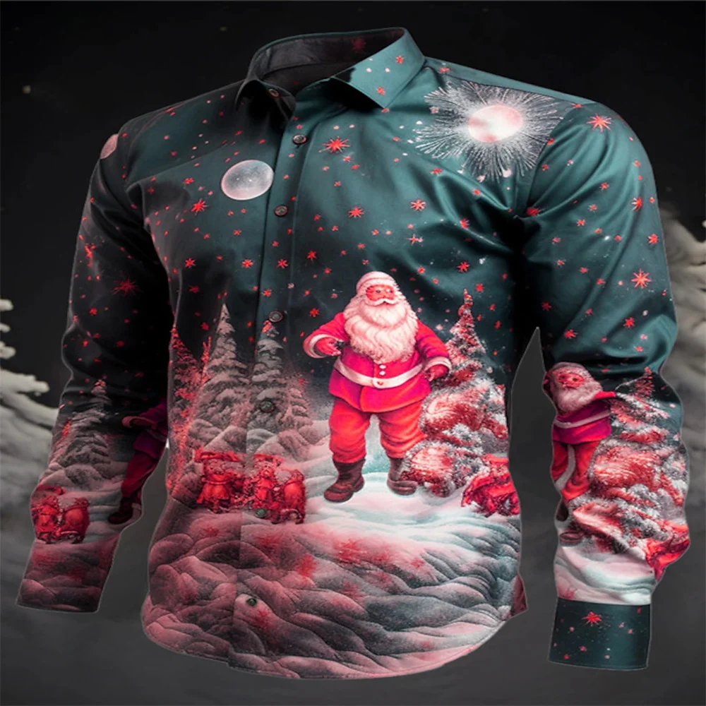 

Men's party Santa Claus hot 3D printed shirt long sleeved button up collared shirt fashionable New Year Christmas shirt plus siz