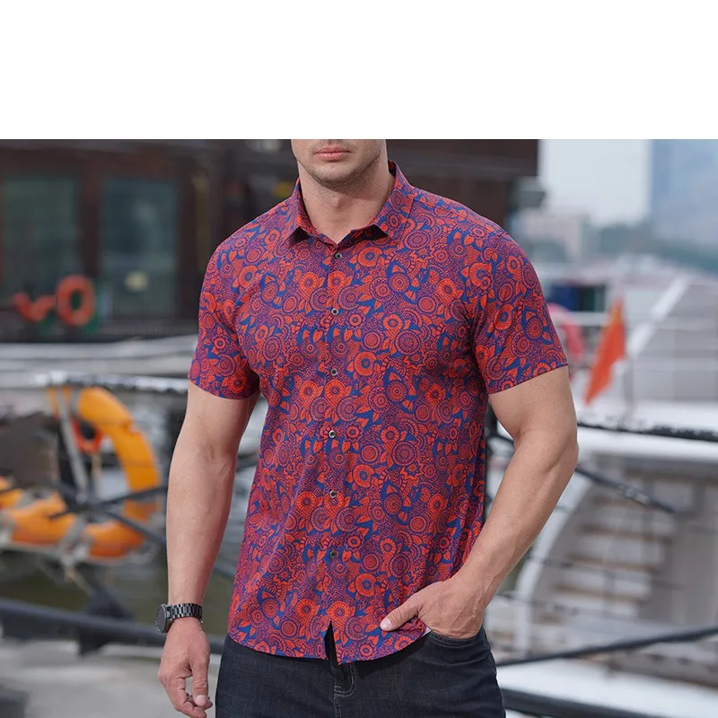 Men's Summer Button Turn-down Collar Flower Geometric Pattern Printed Short Sleeve Cardigan Coats Shirt Casual Formal Tops