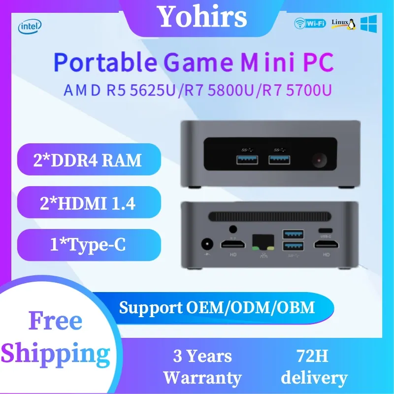 Pocket Fan Mini Pc AMD R5 5625U R7 5800U 5700U DDR4 M.2 NVME Dual 4K HDMI Type-C Windows11 Linux Portable Desktop Game Computer