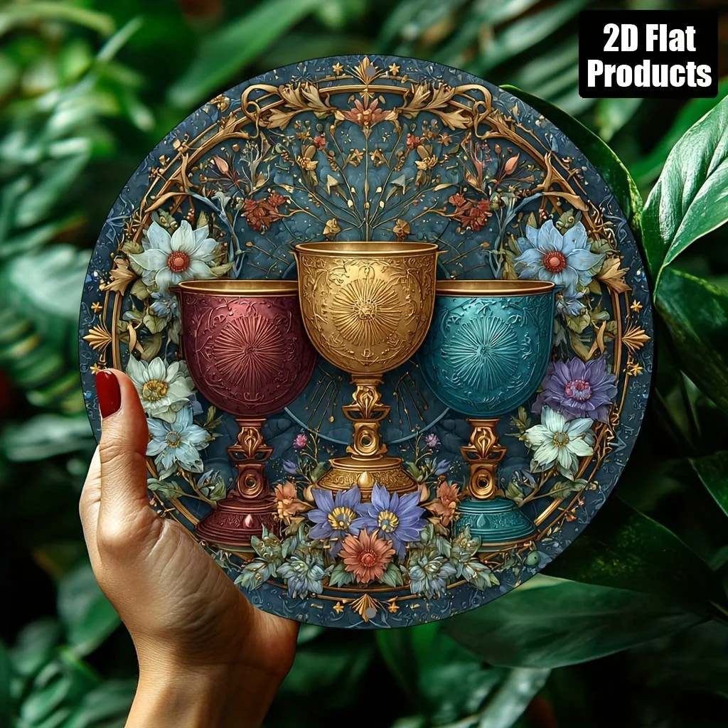 Vintage 8x8 Inch Round Aluminum Wall Art, Floral Geometric Design 2D Flat Metal Wall Decor for Home Bar Cafe, Halloween Christma