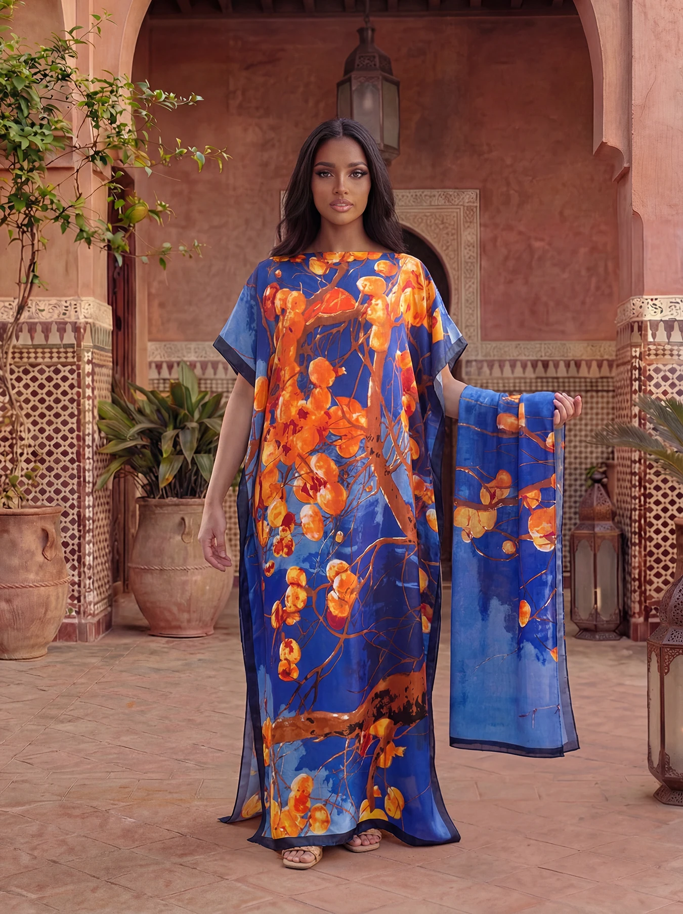 Persimmon Tree Print Satin Abaya With Matching Scarf, Loose Maxi Kaftan For African Muslim Women Summer Beach Holiday Wear