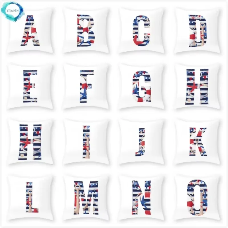 English Alphabet 26 Letters Decorative Cushion Cover Blue white Stripes Polyester Pillow Case Sofa Home Decor 45x45cm