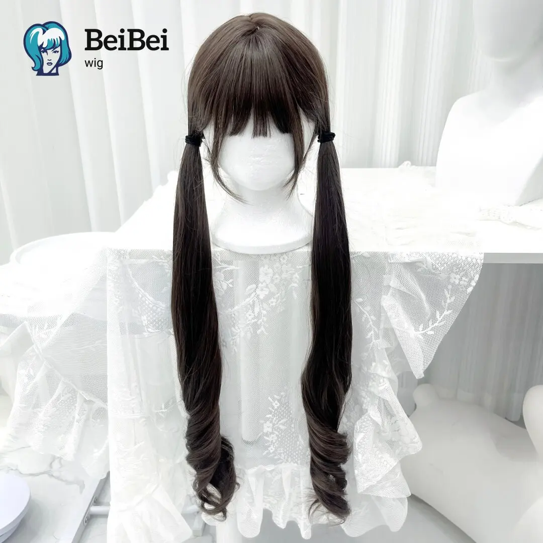 Long Straight Synthetic Wigs Lolita Double Ponytail Bangs Wig for Fashion Girls with Heat Resistant Fiber Natural Hairline Wig