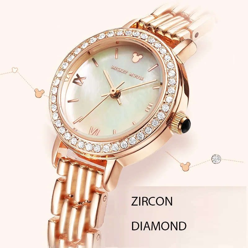 Disney Brand Original Mickey Mouse Women WristWatch Lady Fashion Quartz Clock Pearl Shell Dial Zircon Diamond Waterproof Religio