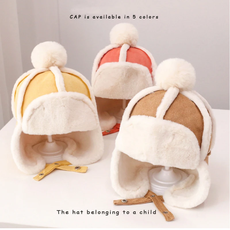 Soft Plush Children's Hat For Kids Ear Protection Thicken Cap Adjustable Kids Earflaps Winter Baby Pompom Earmuffs Baby Beanies