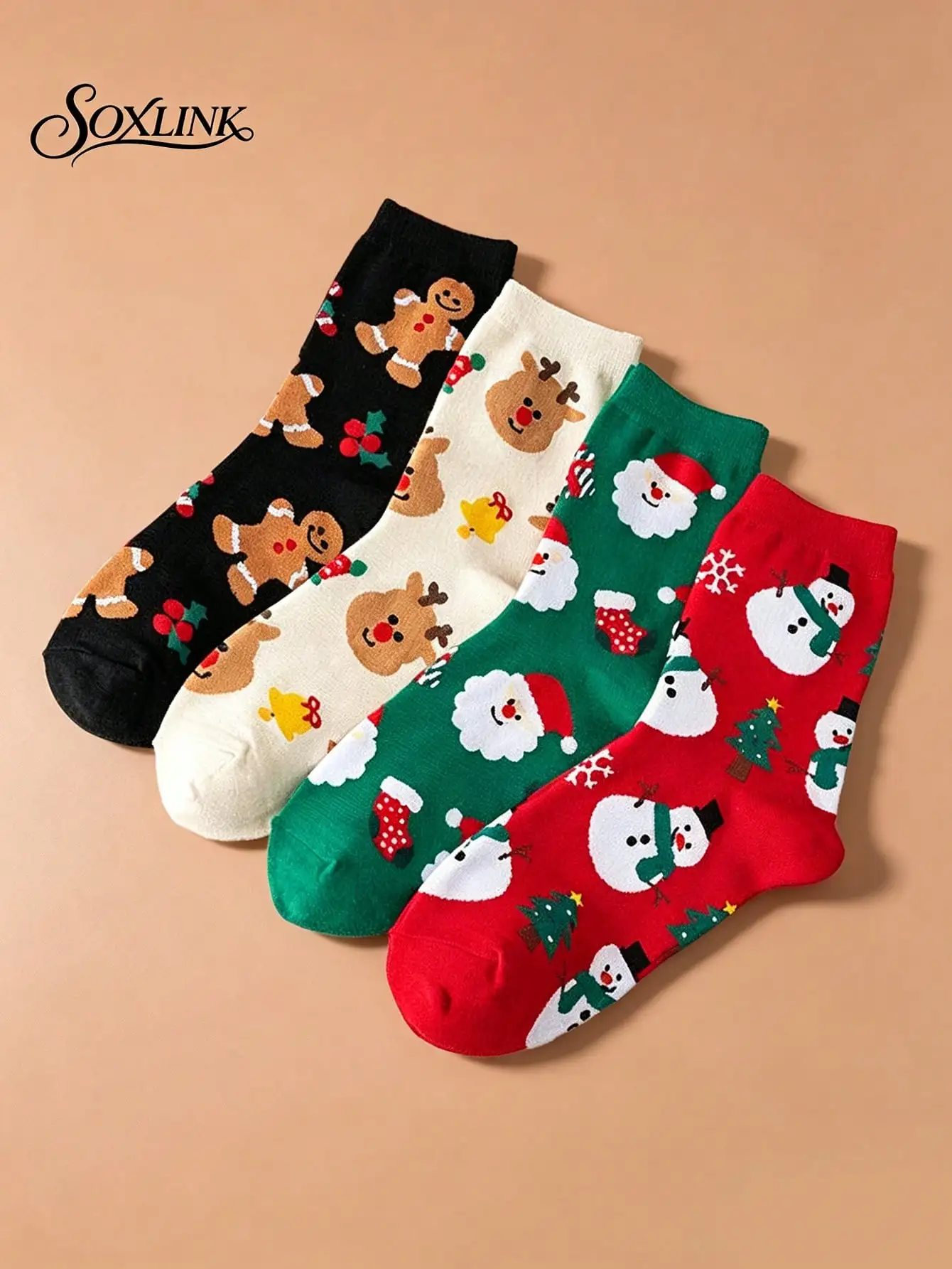 4 Pairs Women's Christmas Cartoon Mid-Calf Socks, Autumn/Winter Christmas Themed Women's Mid-Calf Socks With Santa Claus & Gingerbread Man Cute Patterns, Holiday Gift Socks For Students