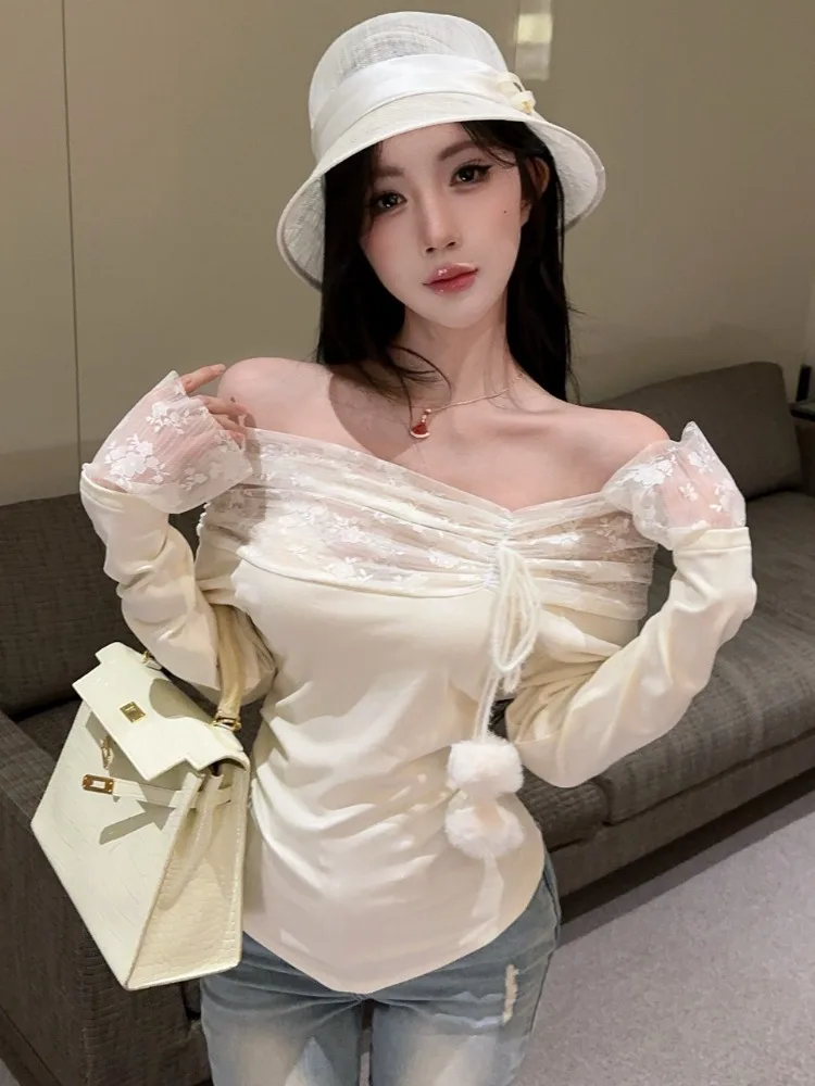

Stunning Lace Slim Fit Long Sleeve Waist Cinching Top Beautiful Shoulder Design Pure Desire Sweet Lace Shirt City Walk Skin F...