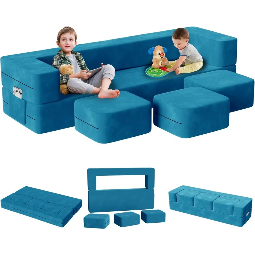 Modulare Kinderspielcouch, 5-in-1-Kindercouch mit 3 Ottomanen für das Spielzimmer, Schlafzimmer, extra große modulare Kindercouch für Jungen