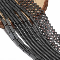 Natural Black Hematite Stone Beads Hollow Heart Cylindrical Square Shape Spacer Loose Beads for Jewelry Making DIY Necklace
