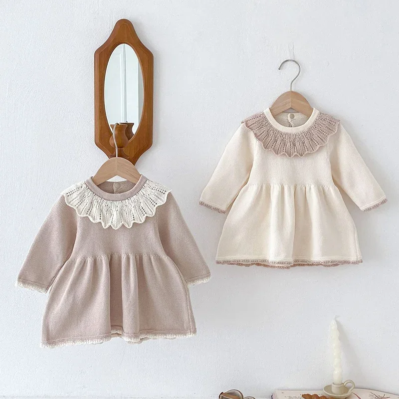 

2024 New Autumn European American Style Kids Princess Dresses Long Sleeved Knitted Baby Girl Party Dress Children Clothes