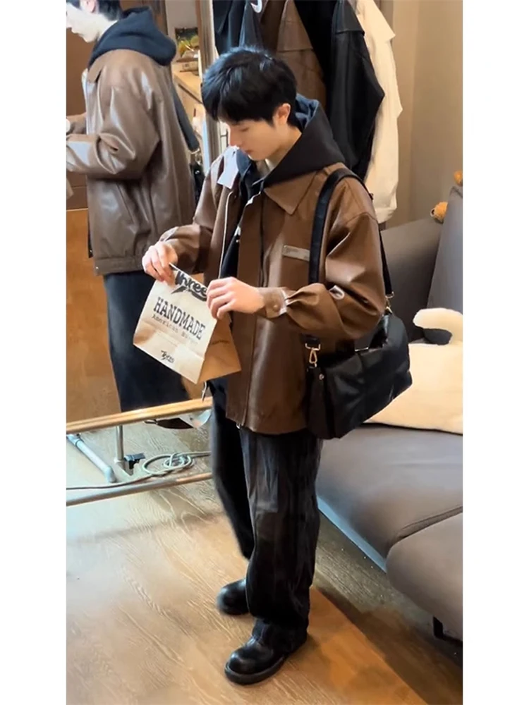 

Cool Brown Leather Jaet Men's Motorcycle Sle Spring Autumn Vintage American Retro Zipper Decorated Stand Fit Biker Jaet