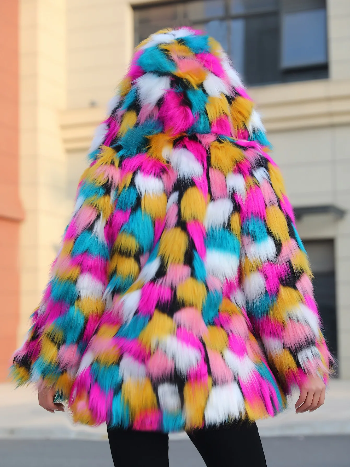 Women's Bold Warm Faux Fur Jacket Thicken Hooded Hidden Button Casual Loose Soft Color Blocking Outwear Winter Chic  Coat