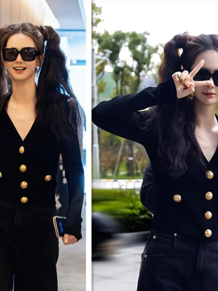 

Slim Fit Short Knitted Sweater with Metal Buckle Celebrity Qi Wei Early Autumn New Style Fashionable Warm Women's Top