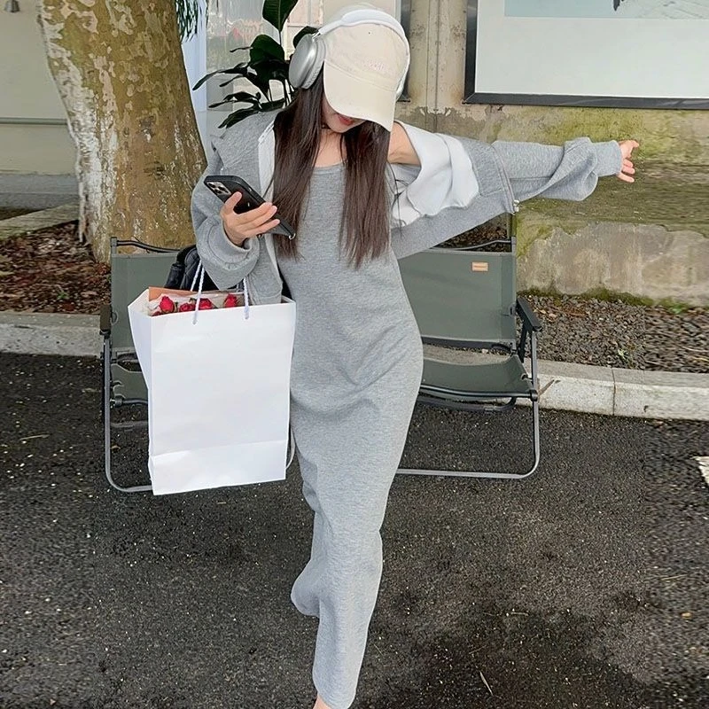2025 Spring/Autumn Girls' Sporty Two-Piece Set - Short Hoodie Jacket & Long Spaghetti Strap Dress, Versatile for 4-12 Years Old 6