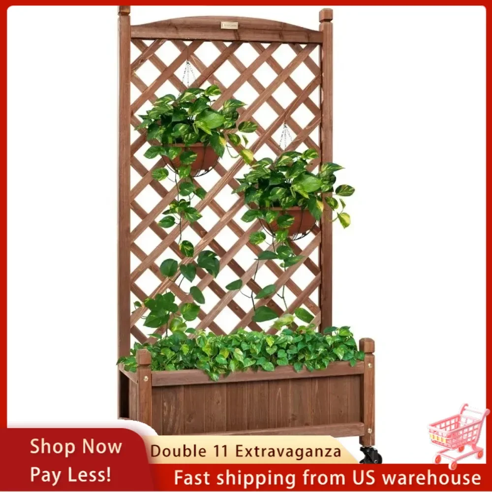 48in Wood Planter Box & Diamond Lattice Trellis, Mobile Outdoor Raised Garden Bed for Climbing Plants w/Drainage Holes