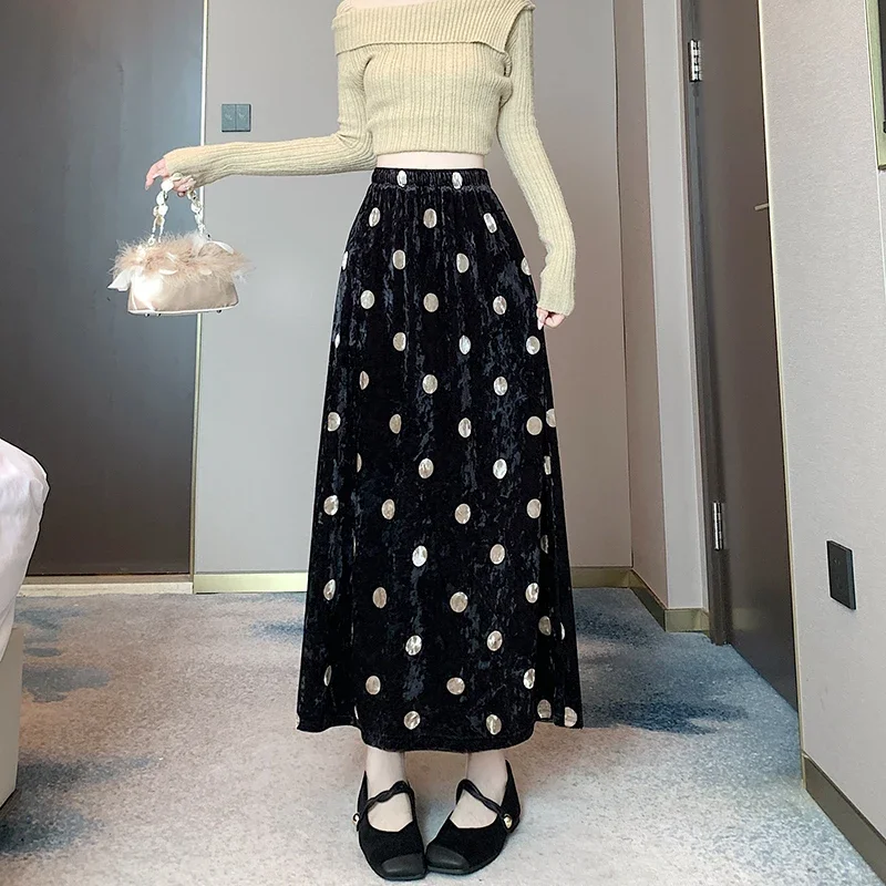 2024 Autumn Winter Retro Velvet Polka Dot Skirt Versatile Temperamen Long A-shaped Skirt Casual Streetwear Harajuku