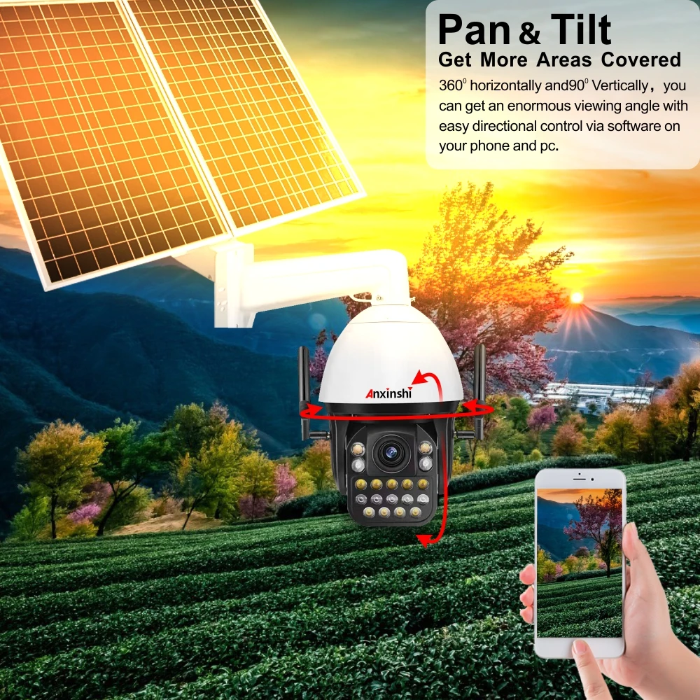 60W Solar Panel 40AH Battery  5 Megapixels 45X WIFI 4G SIM Card Camera PTZ Human Tracking Night Vision IR 400m Audio Camhi