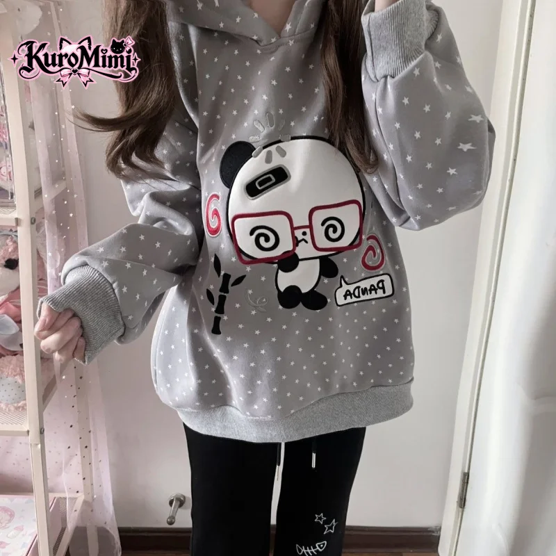 Kawaii Harajuku Cute Panda Ear Graphic Star Print Versatile Hooded Sweatshirt Women Loose Fit Cozy Casual Daily Pullover 2026