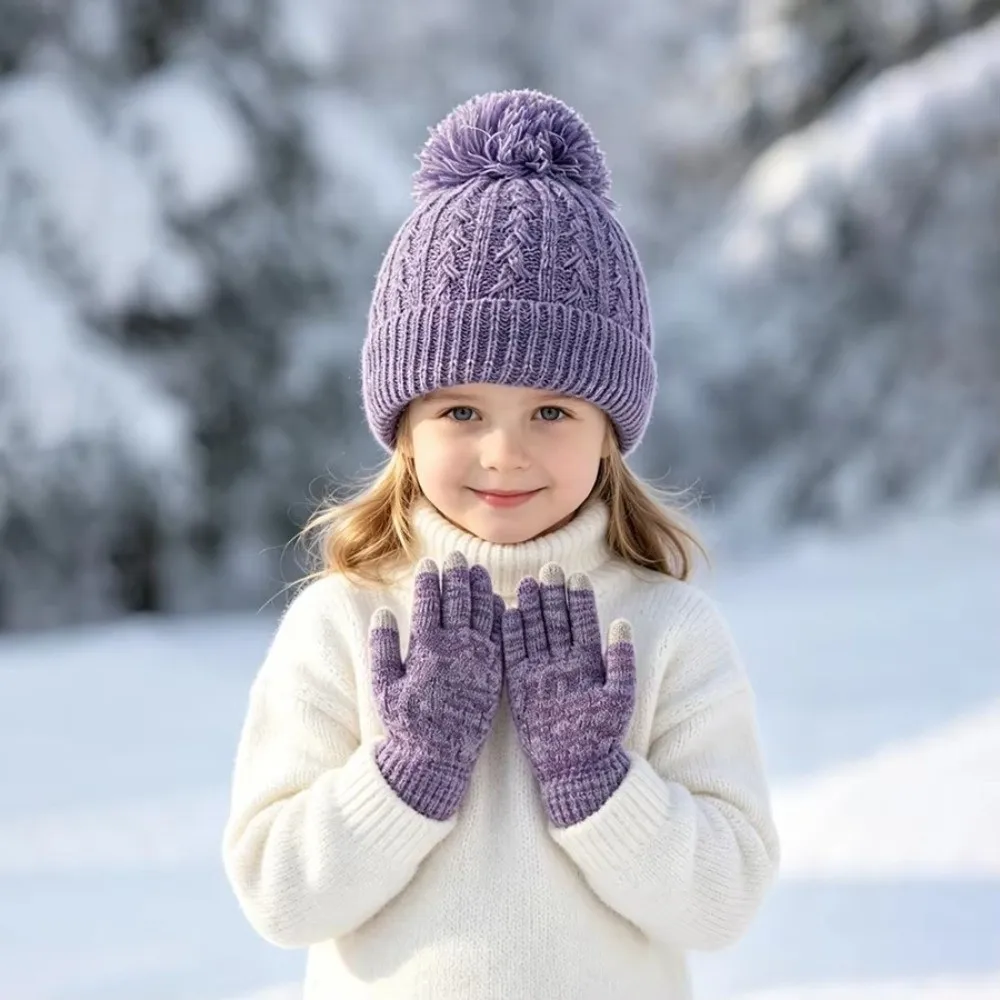 2Pcs/Set Fashion Winter Children Hat Gloves Set Lining Windproof Knitted Hats Gloves Pompom Warm Bonnet Gloves Kits Kids