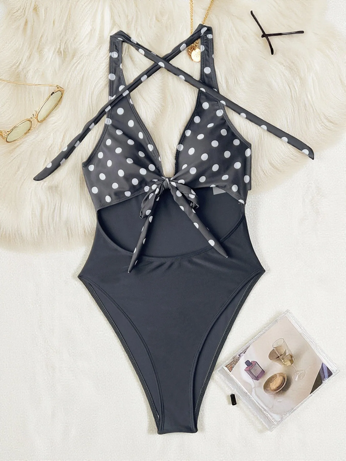 sexy black polka dot print patchwork swimsuits one piece hollow out bodysuits bikinis bathing suit swimwear biquini tankini