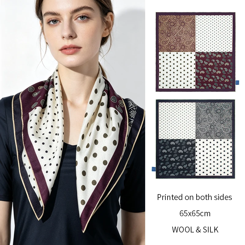 30% Mulberry Silk 70% Wool Square Scarf Women Reversible Double Sided Paisley Polka Dot Print Wrap Shawl Neckerchief 65x65cm