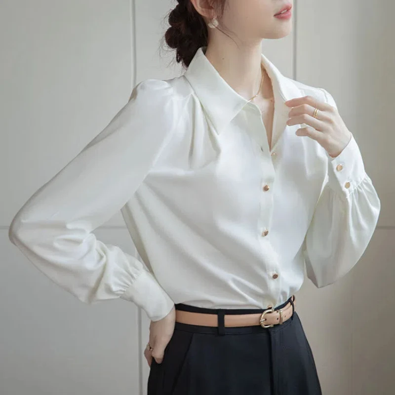 Autumn New Korean Loose White Shirt Tops Long Sleeve Polo Neck Solid Simplicity Office Blouse Temperament Elegant Women Clothing