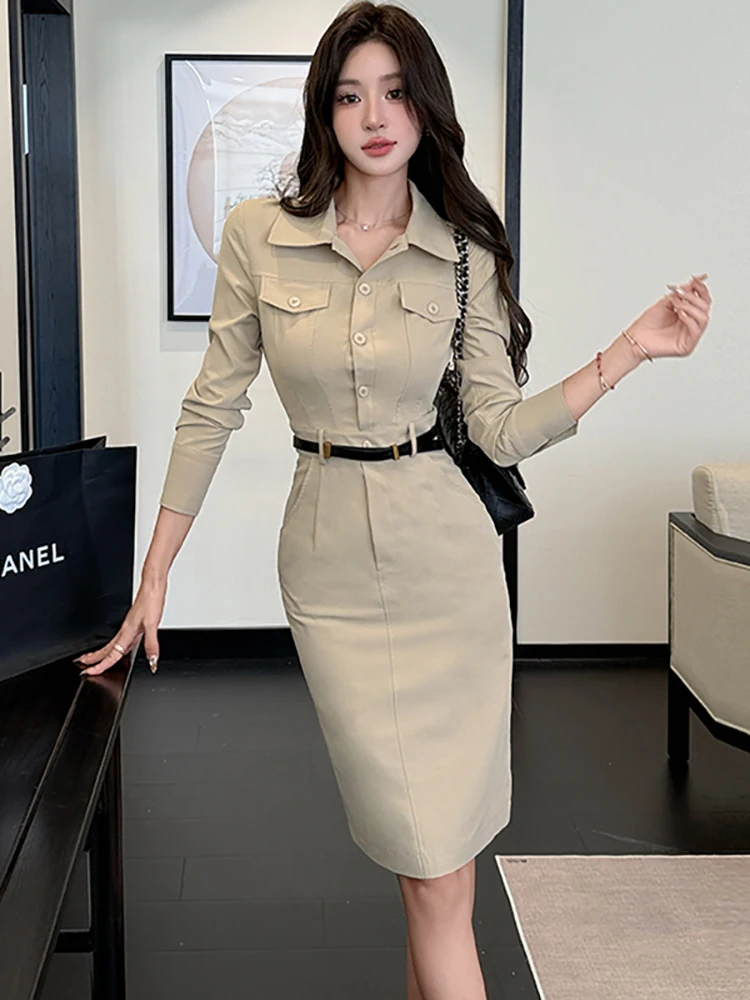 2025 جديد الصلبة طويلة الأكمام بولو طوق قميص فستان المرأة أنيقة Bodycon مكتب سيدة فستان الخريف الشتاء الكورية شيك فستان الحفلات #1