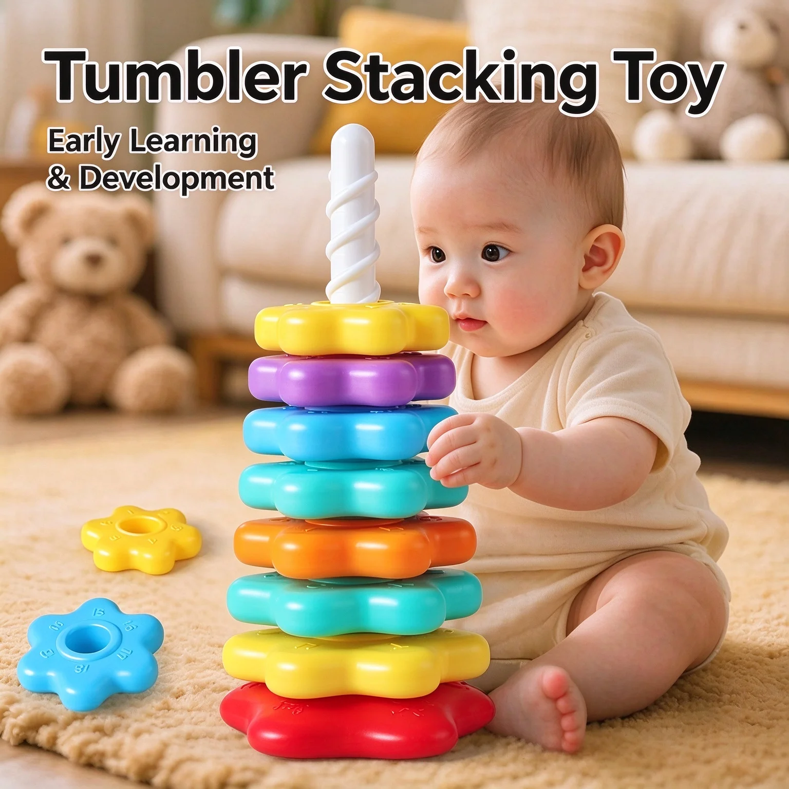 Baby Spinning Stacking Puzzle Toys Montessori Rotating Rainbow Tower Children Develop Motor Skills Game Kids Gift