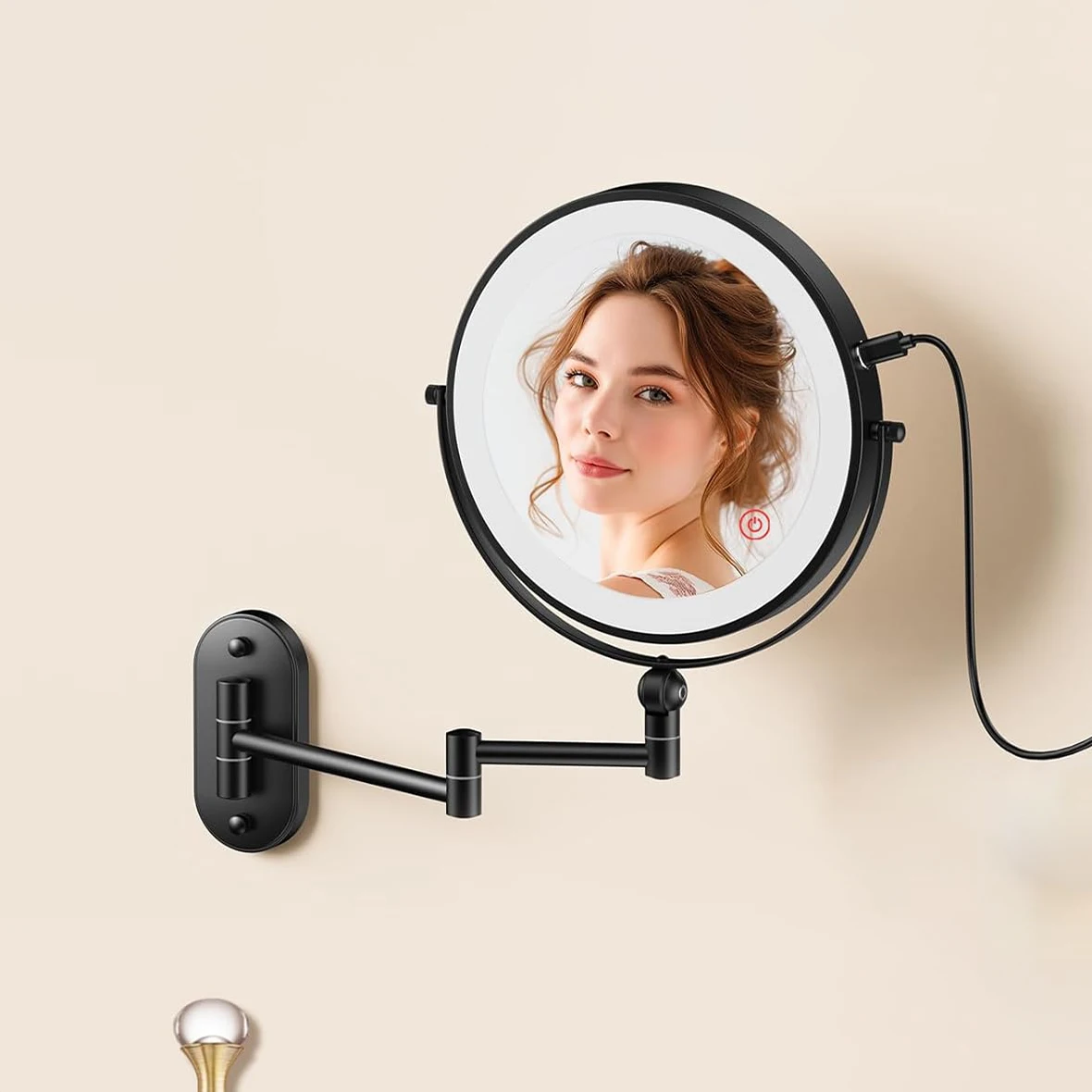 Rechargeable Touch Led Folding Bathroom Mirrors Wall Mounted Makeup Mirror with Light 10X Magnifying Black Touch Bathroom Mirror