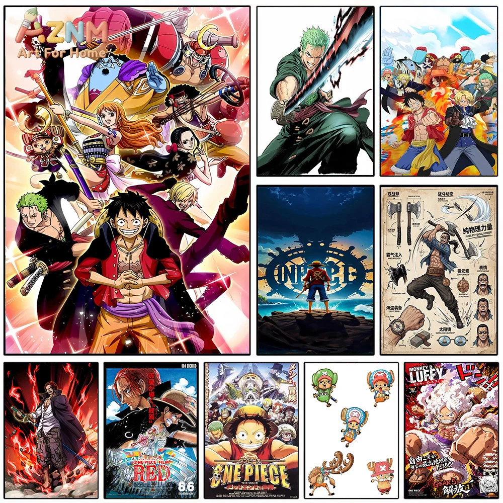 AZNM One Piece Wano Country Straw Hat Crew Luffy Zoro Shanks Gear 5 Nika Canvas Wall Art Anime Print Unframed Canvas Painting Fo