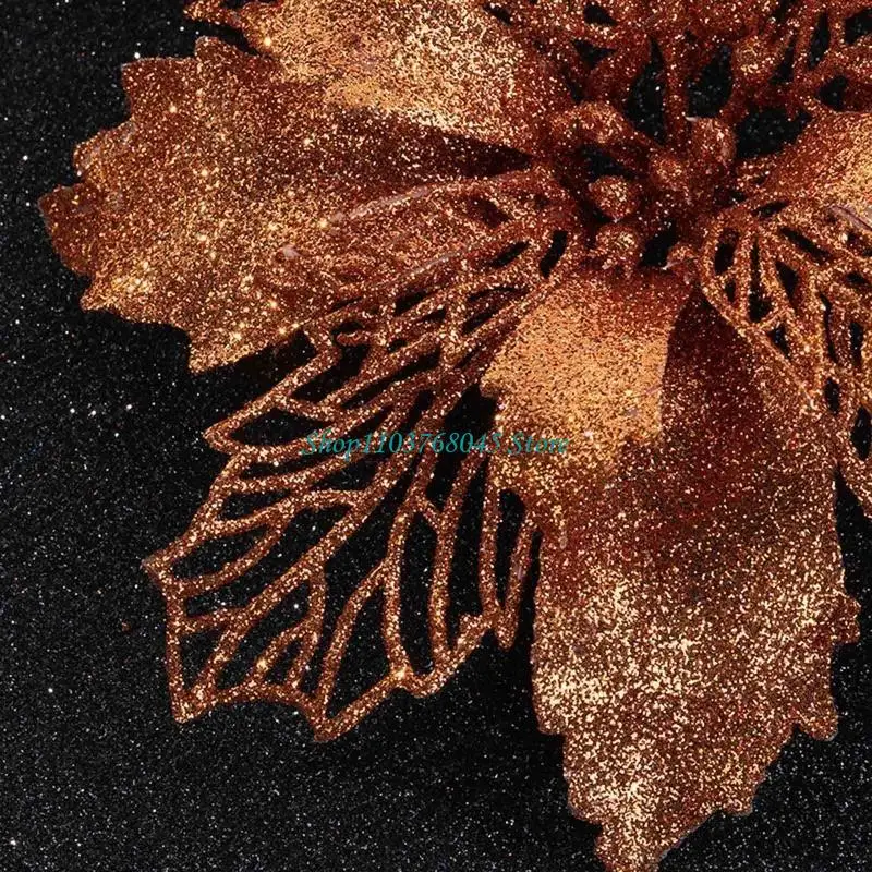 R53F 11cm Christmas Glitter Poinsettia Flower Decorative Xmas Tree Flowers for Wreath